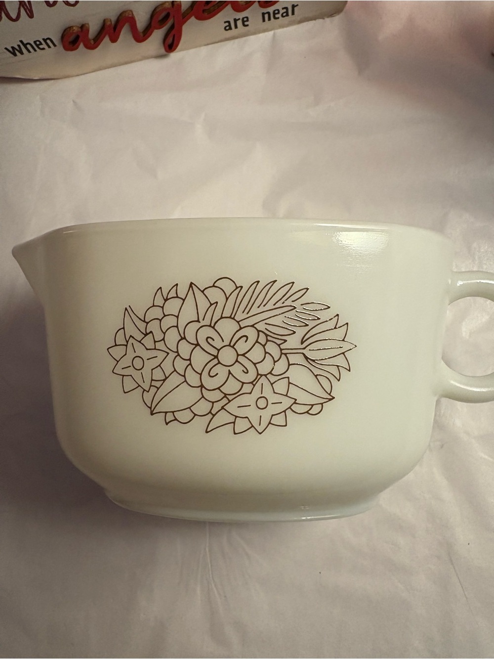 Pyrex White Milk Glass Gravy Bowl with Brown Floral Outline Woodland